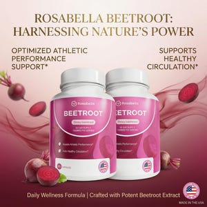 May include: Two white supplement bottles with pink labels, labeled "BEETROOT" and "Dietary Supplement." The image includes text: "Optimized Athletic Performance Support" and "Supports Healthy Circulation." The background features beets and slices.
