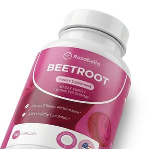 May include: A white bottle of Rosabella Beetroot dietary supplement. The label is pink and white, with text that reads "BEETROOT" and "30 DAY SUPPLY 1300MG PER SERVING." It also states that it assists athletic performance and aids healthy circulation. The bottle contains 60 capsules.