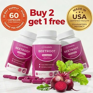 May include: Three white Rosabella Beetroot dietary supplement bottles with pink labels, capsules, and beetroots. The bottles have a white cap and the text "Buy 2 get 1 free". The image also includes a "Made in USA" seal.