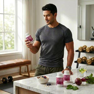 May include: A man in a gray t-shirt and olive green pants examines a bottle of Beetroot supplement. A bowl of oatmeal with berries, a glass of water, and dumbbells are on the counter. Two bottles of Beetroot are also visible.