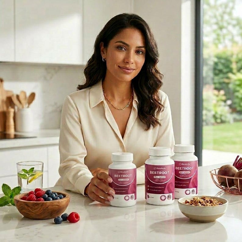 May include: A woman in a cream-colored blouse smiles, holding a bottle of Beetroot supplements. Two more bottles are on the counter, along with a bowl of berries, a glass of water, and a bowl of granola. A wire basket holds beets.