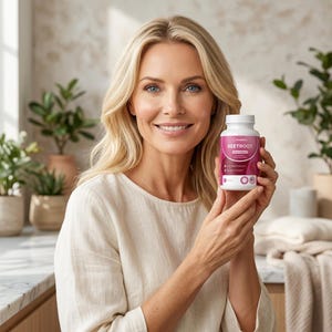 May include: A woman holding a white bottle of beetroot supplements. The bottle has a pink label with the word "BEETROOT" in white text. The woman is wearing a cream-colored top and has blonde hair.