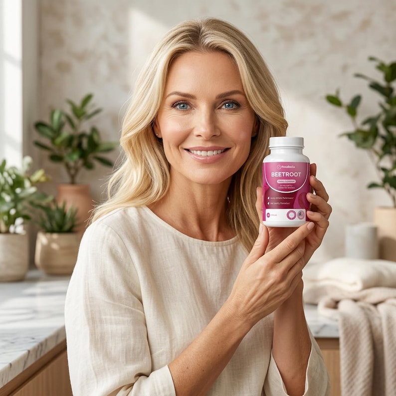 May include: A woman holding a white bottle of beetroot supplements. The bottle has a pink label with the word "BEETROOT" in white text. The woman is wearing a cream-colored top and has blonde hair.