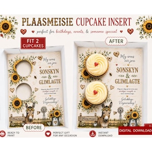 Könnte beinhalten: Ein druckbarer Cupcake-Einsatz mit Sonnenblumen, einem Esel und dem Text "PLAASMEISIE CUPCAKE INSERT," "SONSKYN & GLIMLAGTE," "My wens vir jou," und "Gelukkige Verjaarsdag!" Das Design zeigt eine Vorher-Ansicht mit zwei runden Ausschnitten und eine Nachher-Ansicht mit zwei Cupcakes.