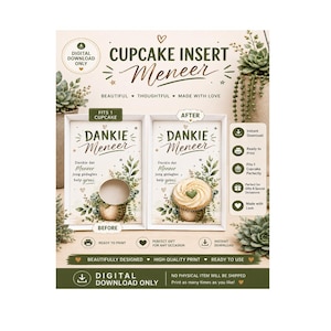 Könnte beinhalten: Eine digitale Cupcake-Einsteckkarte mit dem Text Dankie Meneer und grünen botanischen Illustrationen. Das Design zeigt eine Vorher-Nachher-Ansicht mit einem kreisförmigen Ausschnitt für einen Cupcake und einem fertig platzierten Cupcake.
