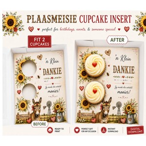 Könnte beinhalten: Ein druckbarer Cupcake-Einsatz mit Sonnenblumen- und Esel-Illustrationen sowie dem Text 'n Klein DANKIE und 'Jy maak die wereld mooier!'. Das Design enthält zwei kreisförmige Ausstanzungen für Cupcakes, dekorative Herzen und eine Windmühle.