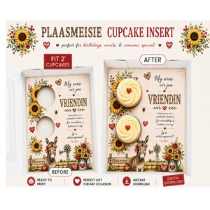 Könnte beinhalten: Ein druckbarer Cupcake-Einsatz mit Sonnenblumen- und Esel-Illustrationen sowie dem Text PLAASMEISIE CUPCAKE INSERT, MY WENS VIR JOU VRIENDIN und weiteren Phrasen. Das Design zeigt eine Vorher-Ansicht mit zwei runden Ausschnitten und eine Nachher-Ansicht.