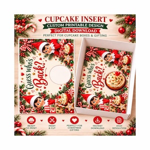 Scatola per cupcake digitale "Elfo sulla mensola": modello stampabile per confezioni regalo da 6 cupcake