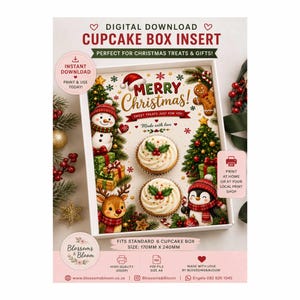 Puede incluir: Un inserto digital para caja de cupcakes con temática navideña que muestra un muñeco de nieve, un hombre de jengibre, un reno y un pingüino. El inserto mide 170mm x 240mm e incluye textos como Merry Christmas, Sweet Treats Just For You y Made With Love.