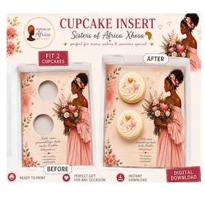 Könnte beinhalten: Ein druckbarer Cupcake-Einsatz mit dem Text Cupcake Insert Sisters of Africa Xhosa. Das Design zeigt eine Person in einem rosa Kleid, die einen Blumenstrauß hält. Der Einsatz enthält zwei kreisförmige Ausstanzungen für Cupcakes, die leer und mit zwei Cupcakes befüllt gezeigt werden.