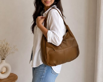 Bolso hobo de piel vegana color caramelo, bolso de hombro holgado, bolso de uso diario para el trabajo.