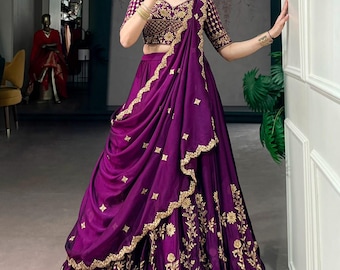 Conjunto de lehenga morado bordado, lehenga de boda india, atuendo nupcial, vestido de dama de honor, ropa festiva