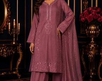 Conjunto de traje pakistaní rosa empolvado, salwar kameez bordado con dupatta, ropa étnica para Eid.