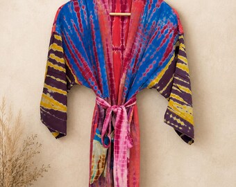 Kimono de colores con estampado tie-dye, pareo bohemio para la playa, cárdigan para festivales, ropa de resort.