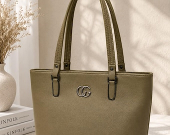 Bolso tote de piel vegana verde oliva, bolso de hombro minimalista para el trabajo, bolso de mano para el día a día.