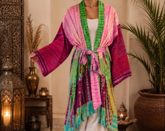 Kimono de teñido anudado hecho a mano, pareo bohemio para la playa, cárdigan para festivales y resorts.