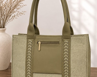 Bolso tote de lona verde oliva con detalles de piel vegana, bolso de hombro para el trabajo.