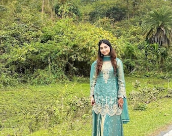 Traje Sharara pakistaní verde mar, vestido formal bordado para invitada de boda