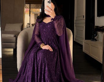 Vestido Anarkali morado bordado para mujer, vestido largo pakistaní, vestido formal, atuendo para invitada de boda.