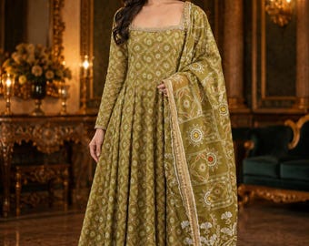 Traje Anarkali verde oliva para mujer, conjunto de salwar kameez pakistaní estampado, vestido étnico con dupatta, atuendo para Eid, ropa festiva