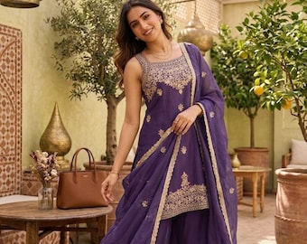 Conjunto de traje pakistaní morado con dupatta / Traje palazzo bordado para mujer / Atuendo para invitada a boda india / Vestido de Eid / Ropa étnica para fiestas