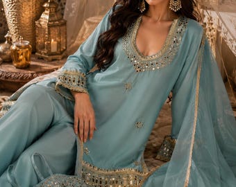 Conjunto de traje pakistaní azul cielo, kurta palazzo dupatta con bordado de espejos, atuendo para invitada a boda de Eid.