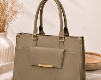 Bolso tote verde oliva para mujer, bolso de trabajo de piel vegana, bolso de hombro para la oficina, bolso de negocios, regalo para ella.