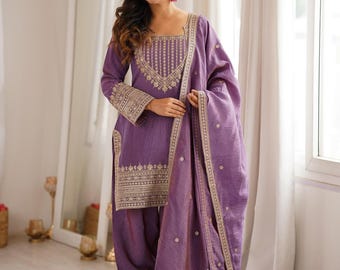 Conjunto de salwar kameez pakistaní morado para mujer, kurta dupatta bordada, atuendo para bodas y fiestas de Eid.