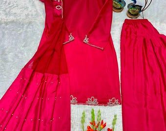 Conjunto de traje pakistaní de satén de lujo, kurta palazzo bordada con dupatta, moda modesta, vestido para Eid, ropa étnica festiva