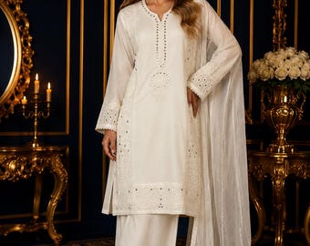 Conjunto de salwar kameez blanco Chikankari para mujer, traje pakistaní con dupatta, vestido bordado para Eid, atuendo modesto para fiestas de boda.