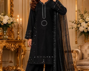 Conjunto de traje pakistaní negro, salwar kameez bordado con dupatta, ropa para fiestas de Eid.