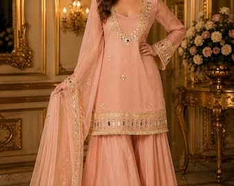 Conjunto de traje salwar pakistaní con dupatta color melocotón con bordado de espejos / Atuendo étnico para bodas, fiestas y Eid