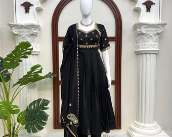 Conjunto de traje Anarkali negro, Salwar Kameez pakistaní con dupatta, ropa para fiestas de boda.