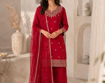 Conjunto rojo pakistaní de salwar kameez para mujer, kurta palazzo dupatta bordado, atuendo para fiesta de boda de Eid.