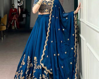 Lehenga Choli azul marino bordado, vestido de novia indio, atuendo para recepción de mujer
