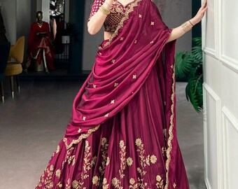 Lehenga Choli bordado color rojo vino, atuendo nupcial indio para bodas.