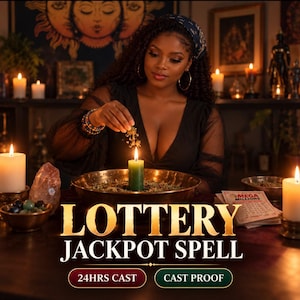 May include: A green candle positioned in a brass bowl containing herbs, accompanied by white candles, crystals, and a Mega Millions lottery ticket. The text displays LOTTERY JACKPOT SPELL, 24HRS CAST, and CAST PROOF in a dimly lit, candlelit environment.