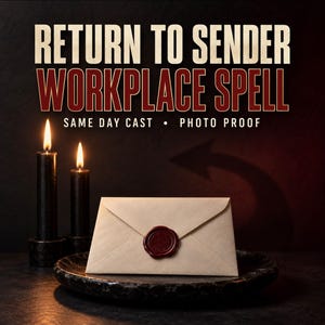 Puede incluir: Un sobre beige con un sello de cera rojo sobre un plato oscuro junto a dos velas negras encendidas. El texto dice: RETURN TO SENDER WORKPLACE SPELL SAME DAY CAST • PHOTO PROOF. Fondo oscuro con una sombra sutil en forma de flecha.