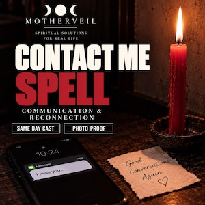 Puede incluir: Una vela roja en un cuenco oscuro junto a un teléfono inteligente que muestra un mensaje de texto que dice I miss you y un papel con el texto escrito a mano Good Conversations Again y un corazón. El texto MOTHERVEIL CONTACT ME SPELL es visible.