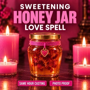 Puede incluir: Un frasco de vidrio con miel y elementos botánicos rojos, tapa dorada, cordel rosa y un pequeño dije de corazón. El texto dice SWEETENING HONEY JAR LOVE SPELL, SAME HOUR CASTING y PHOTO PROOF. Cuatro velas rosas rodean el frasco.
