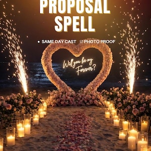 May include: A beach setting featuring a large heart-shaped floral arch with a neon sign reading Will you be my Forever? surrounded by numerous glass-encased candles, rose petal pathways, and two vertical sparkler fountains at night.