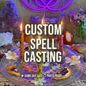 May include: Three tall, slender candles decorated with dried herbs and petals stand on a clear glass plate. The candles are orange, yellow, and pink. The plate is adorned with white flowers and dried citrus slices. Text reads CUSTOM SPELL CASTING.