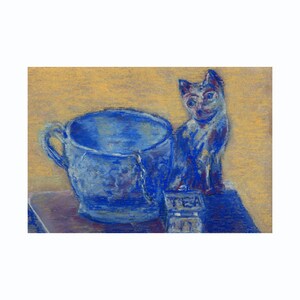 Art de chat pastel décalé nature morte peinture sur tasse de thé par Niki Hilsabeck