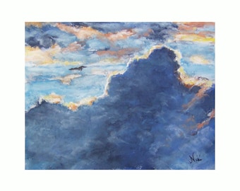 Inspiradora puesta de sol en California: nubes y rayos de colores. Obra de arte original en pastel luminoso de Niki Hilsabeck.
