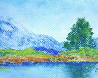 Original Miniature Impressionism Mountains and Water Scene California Landscape Painting  by Niki Hilsabeck