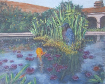 Original Botanical Impressionism Art California Mission Fountain Bird Fish Reflective Pastel Painting on Paper by Niki Hilsabeck