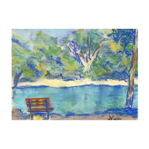 Original Pastel Peaceful Impressionistic Park Scene Bench Trees Water Painting by Niki Hilsabeck