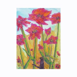 Arte floreale originale su carta velina colorata e testurizzata, fiori di gatto stravaganti, tecnica mista di Niki Hilsabeck