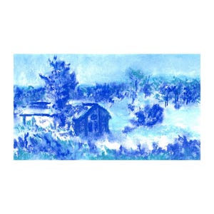 Blue Winter Landscape Trees and Cabin Original Decorative Pastel Art by Niki Hilsabeck