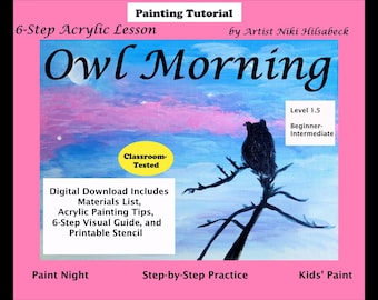 Digital Download Beginner Paint Night Acrylic Painting Tutorial Owl Tree Sky